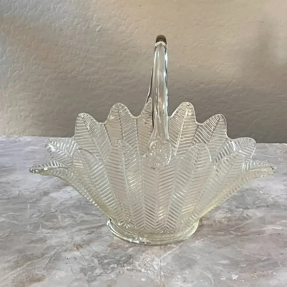 Clear Glass Fern Feather Ribbed Basket 14